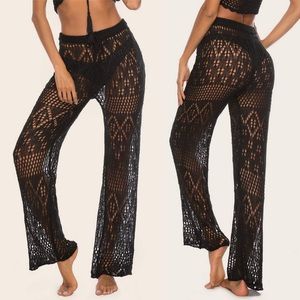 Black Crochet Cut-Out Knit Beach Pants Cover-Up